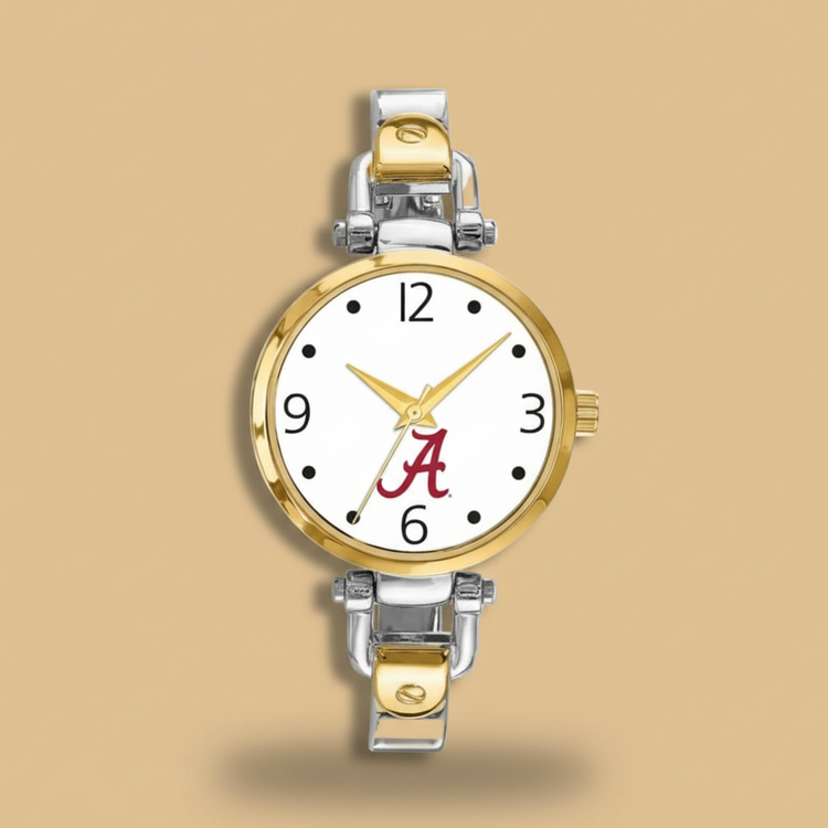 Two-tone watch with a logo on the dial against a white background