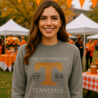 Woman wearing a gray sweater with &