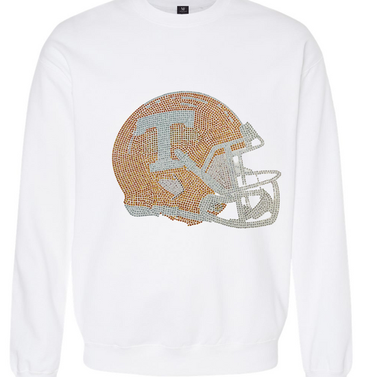 White sweatshirt with a football helmet design featuring the letter &