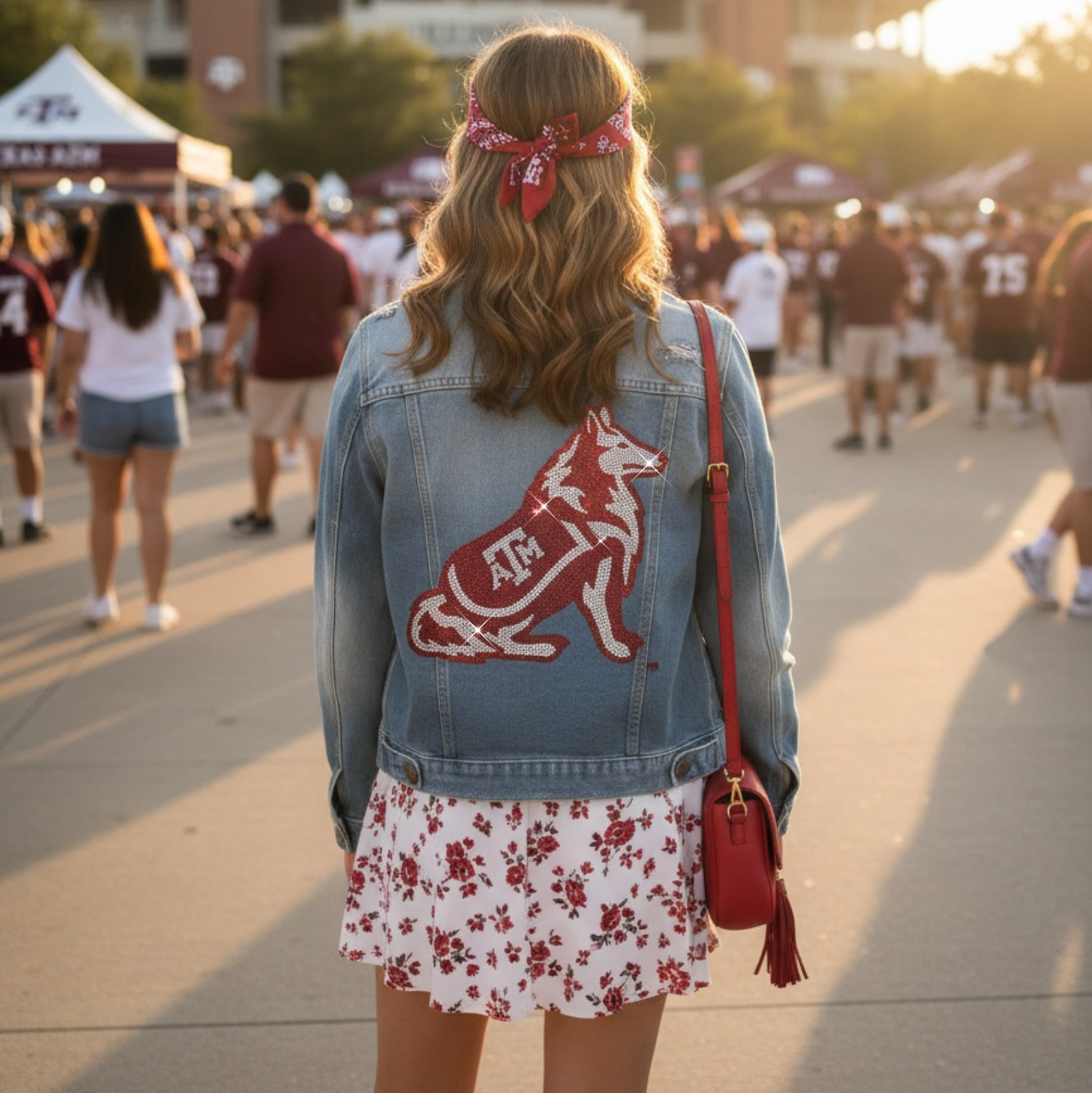 Person wearing a denim jacket with a wolf design at a sports event.
