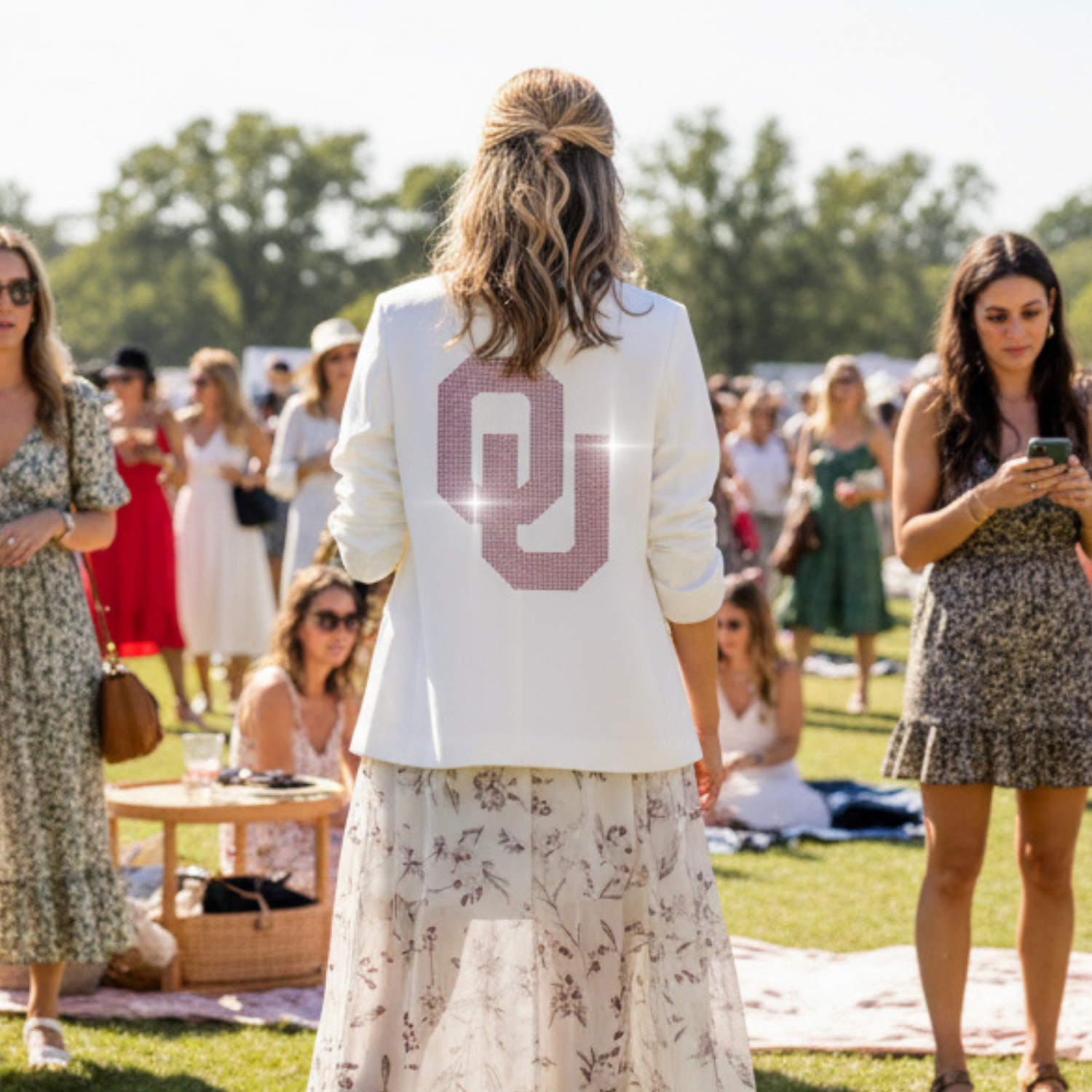 Woman in a white jacket with a large &