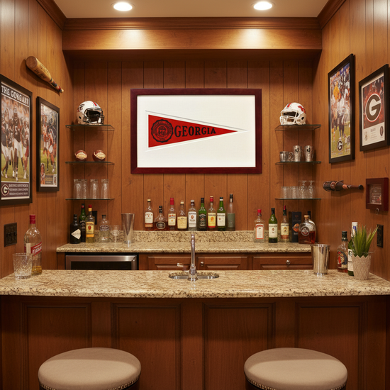 Bar area with wooden walls, shelves with bottles and sports memorabilia, and a framed Georgia flag.