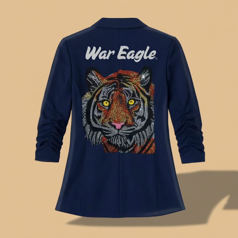 Navy blue jacket with a tiger emblem and &