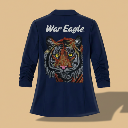 Navy blue jacket with a tiger emblem and &