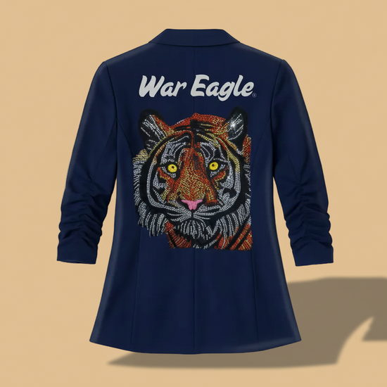 Navy blue jacket with a tiger emblem and &