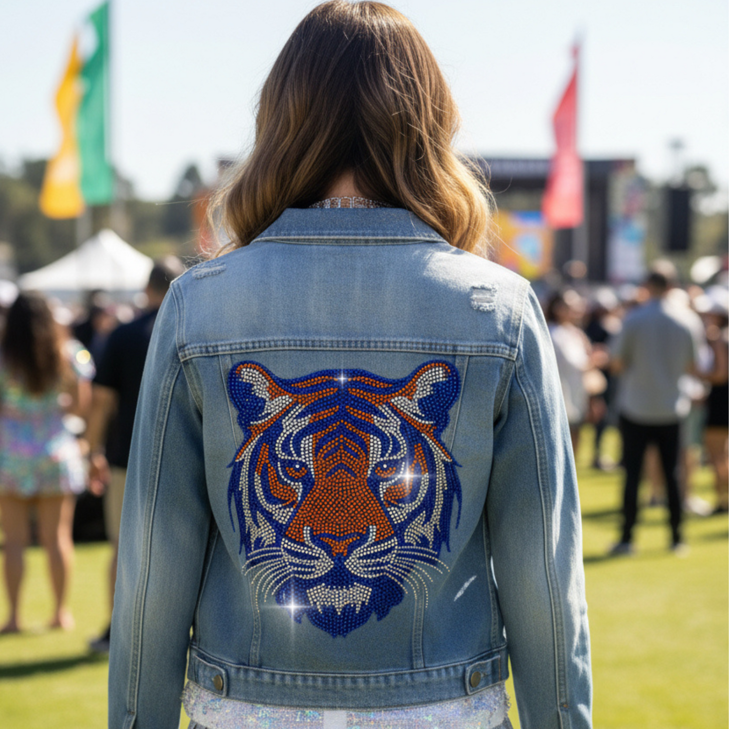 Person wearing a denim jacket with a tiger design at an outdoor event.