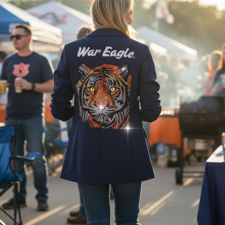 Person wearing a navy blue jacket with a tiger design and &