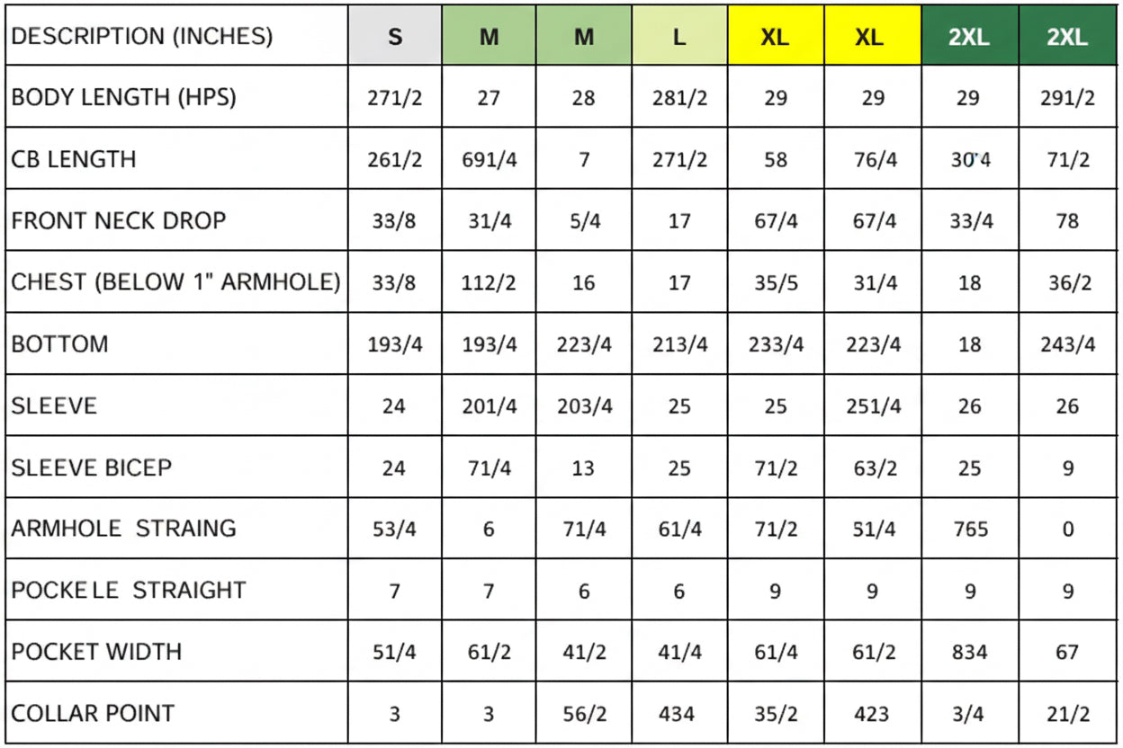 Measurement chart for clothing sizes S to 2XL with various dimensions listed.