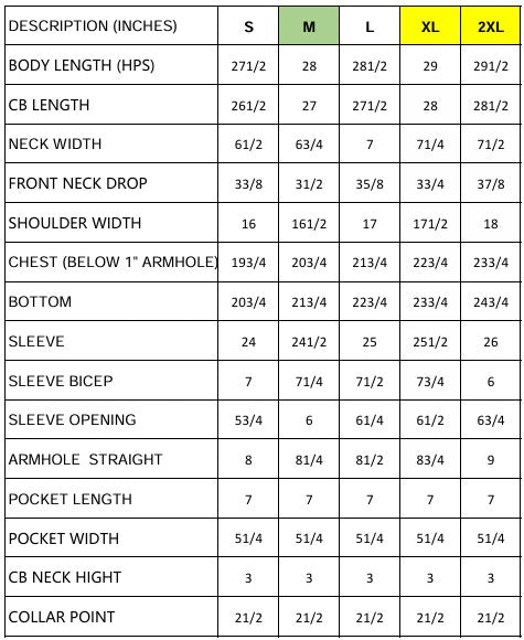 Measurement chart for clothing sizes S to 2XL with various dimensions listed.