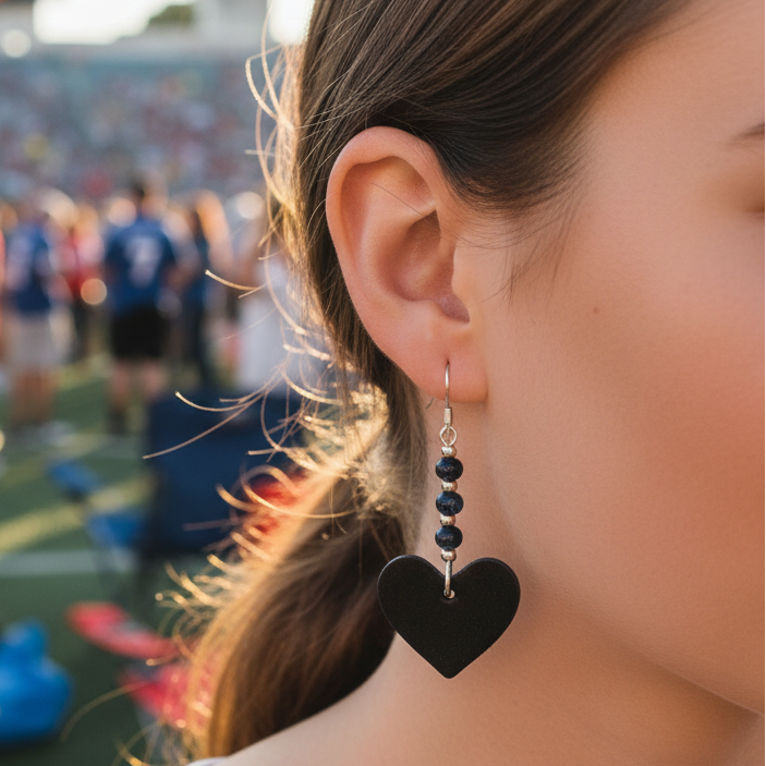 Black heart-shaped earrings with beaded extensions on a beige background