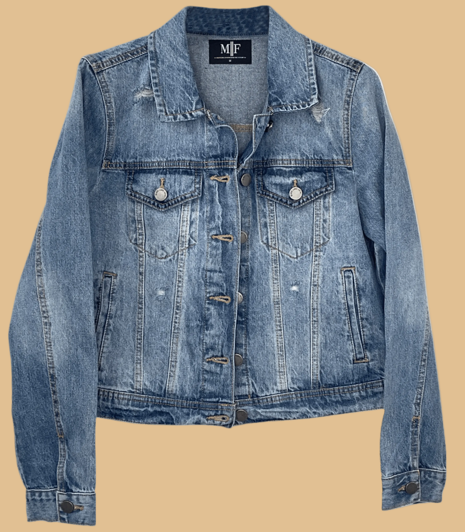 Blue denim jacket with brand label on a white background