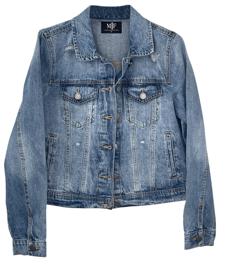 Blue denim jacket with brand label on a white background