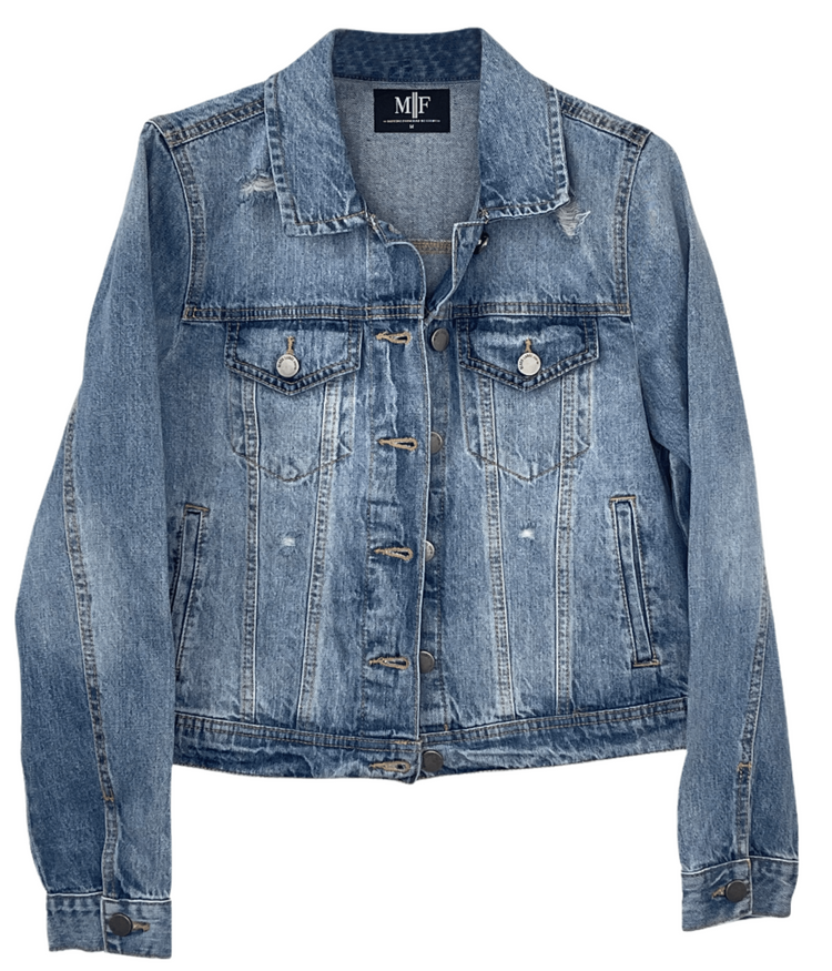 Blue denim jacket with brand label on a white background