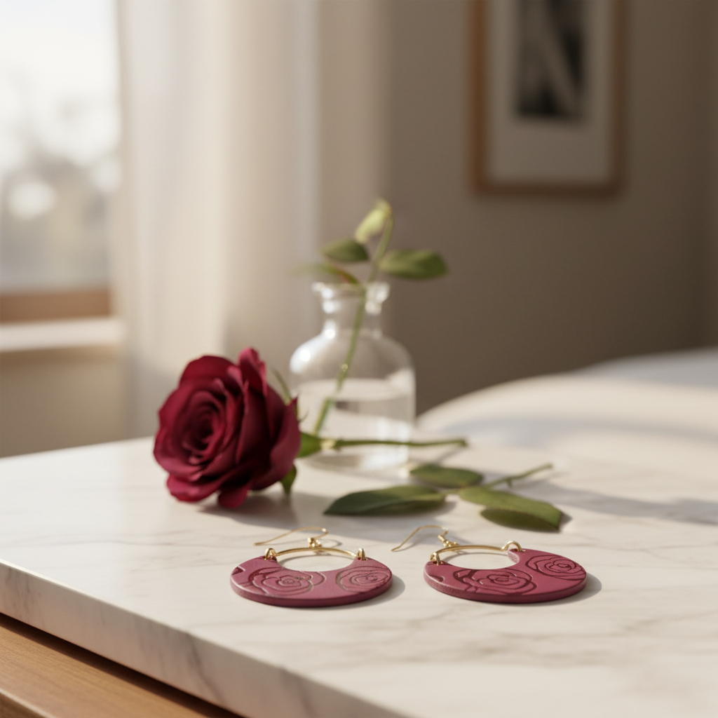 Pair of pink hoop earrings with rose embossing on a beige background