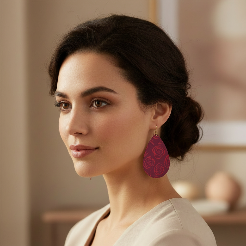 Teardrop-shaped earrings with rose pattern on a beige background