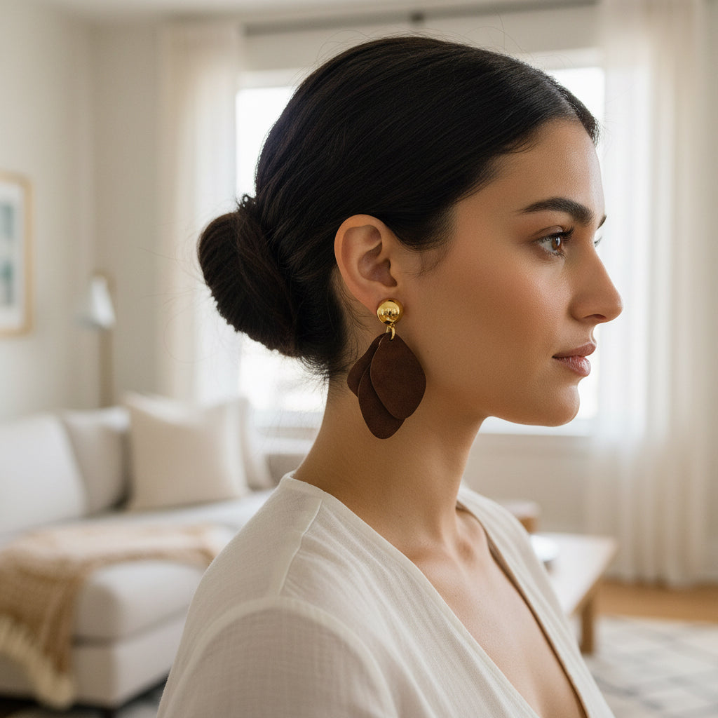 Brown suede earrings with gold accents on a beige background