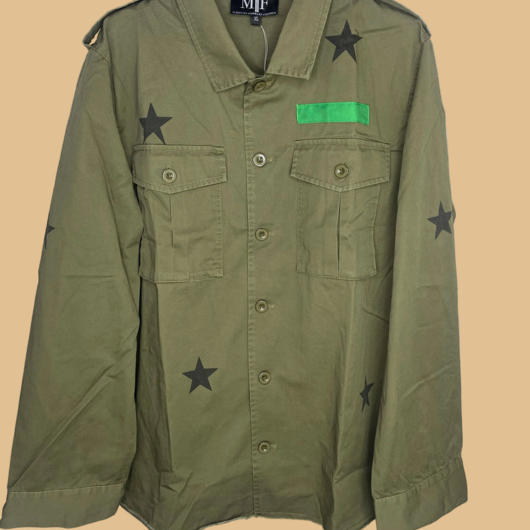 Green jacket with star patterns and a green patch on a white background