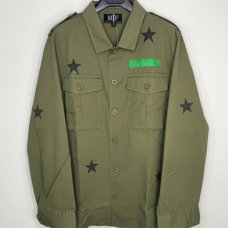 Green jacket with star patterns and a green patch on a white background