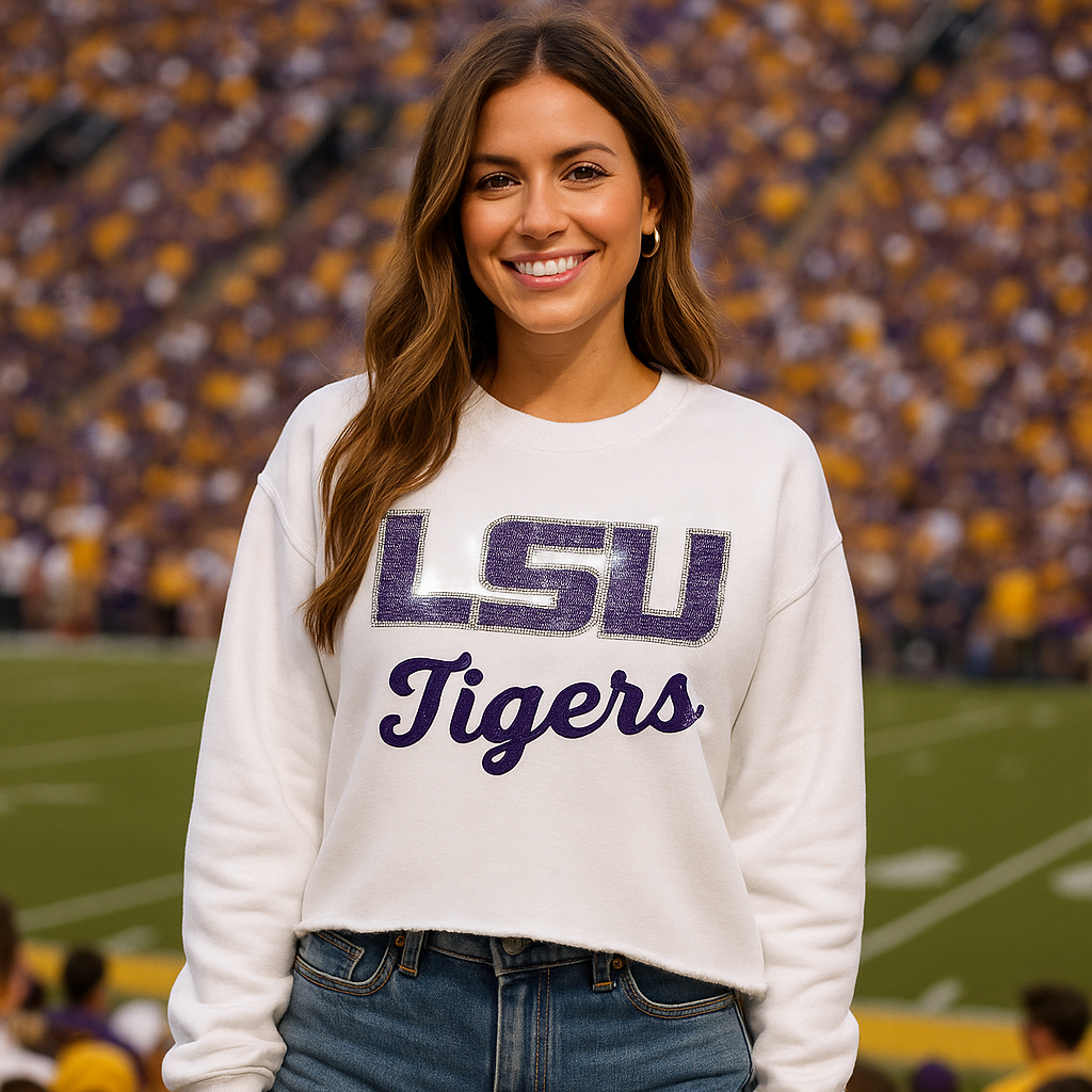 Woman wearing an LSU Tigers sweatshirt on a football field