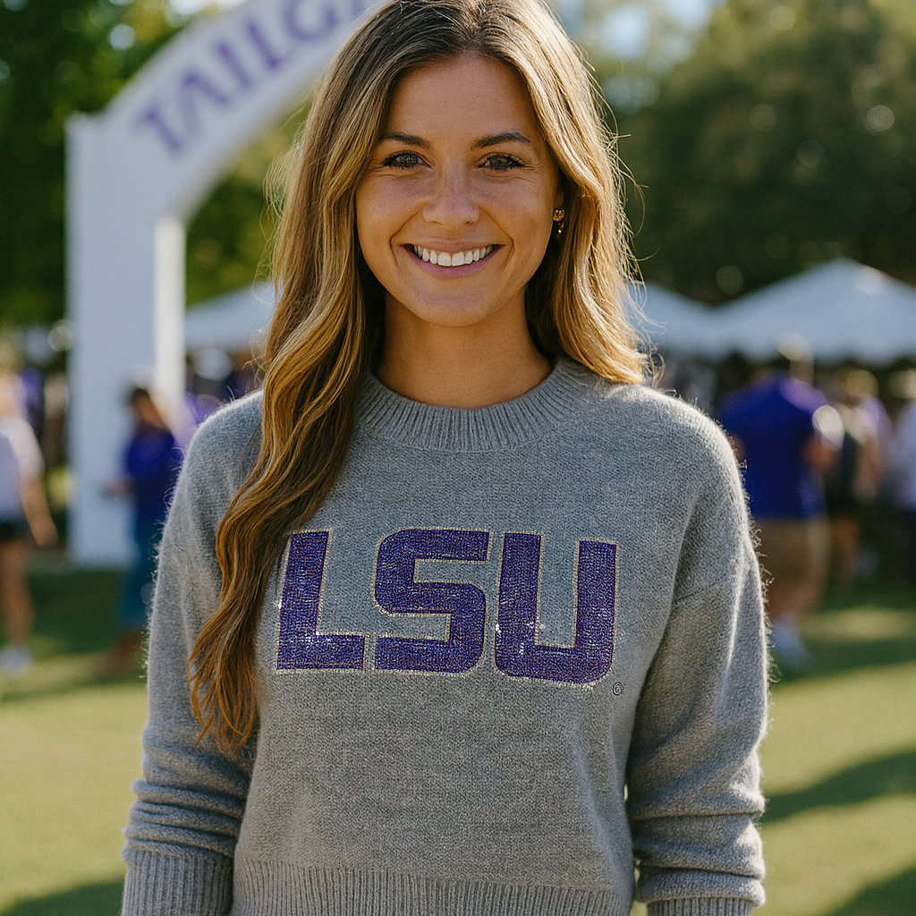 Woman wearing a LSU sweater at a tailgate event