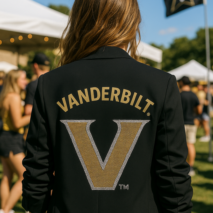 Person wearing a Vanderbilt jacket at an outdoor event with tents and people in the background.