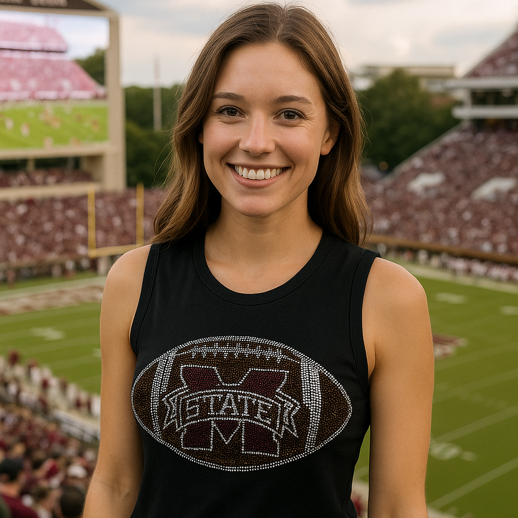 Woman wearing a black tank top with a football design on a sports field