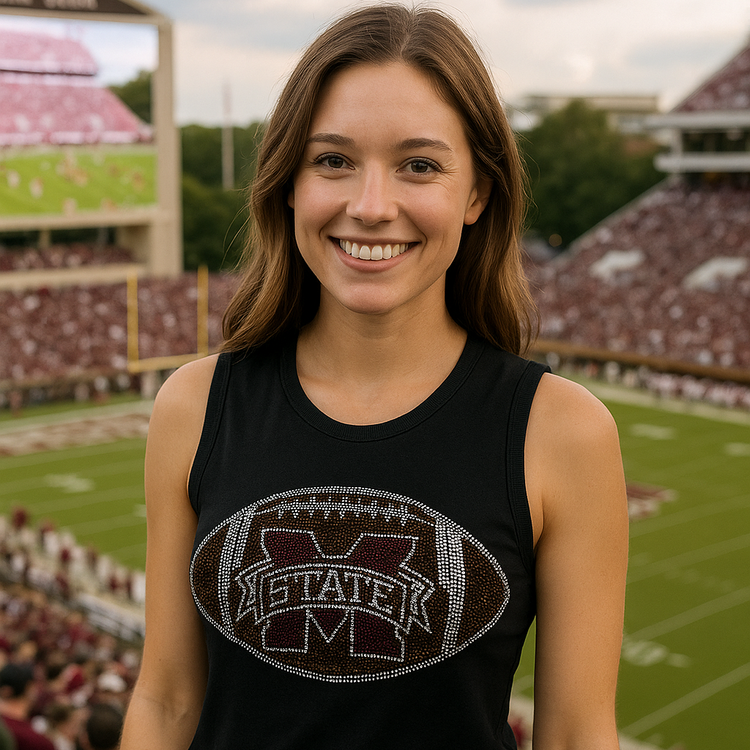 Woman wearing a black tank top with a football design on a sports field