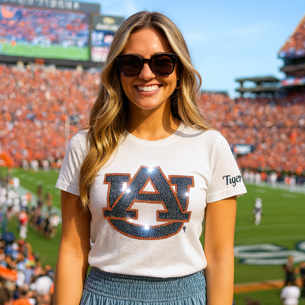 Woman wearing an Auburn Tigers shirt and sunglasses at a sports event.