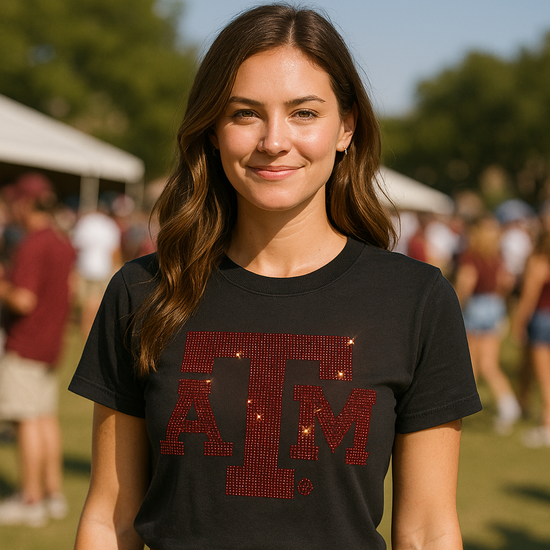 Woman wearing a black t-shirt with &