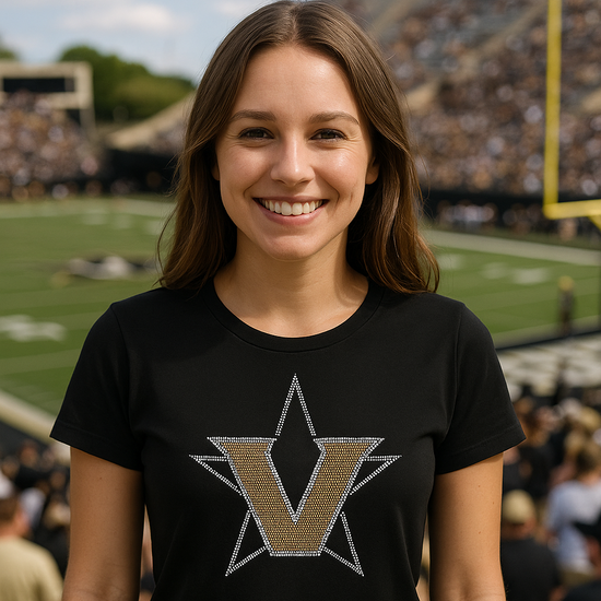 Woman wearing a black t-shirt with a star logo at a sports event