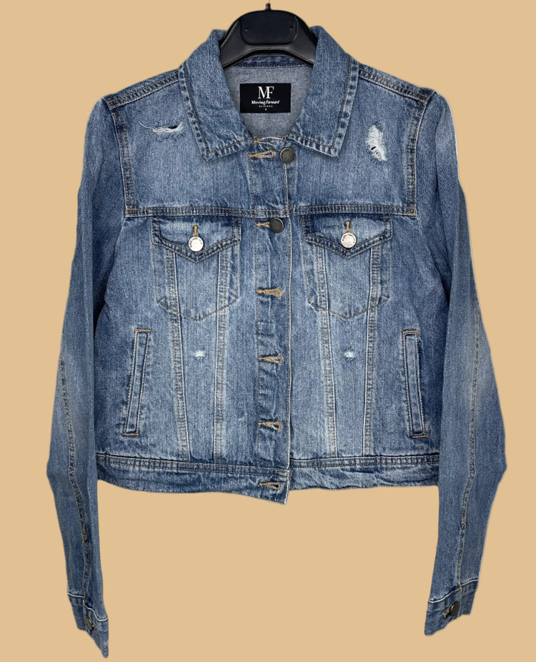 Blue denim jacket on a hanger with a visible brand label against a white background