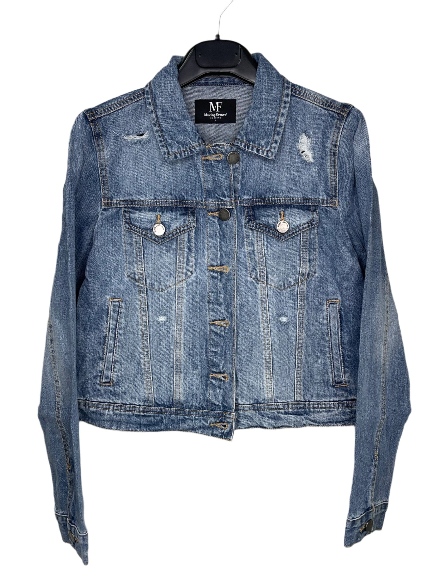 Blue denim jacket on a hanger with a visible brand label against a white background