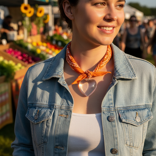Orange bandana with heart-shaped metal charm on a beige background