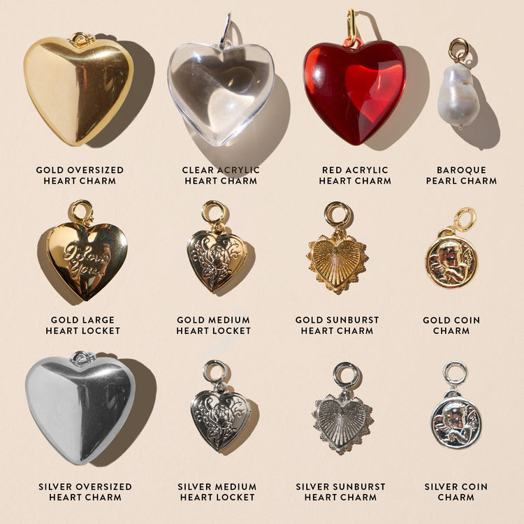 Collection of various heart-shaped charms on a beige background