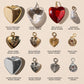 Collection of various heart-shaped charms on a beige background