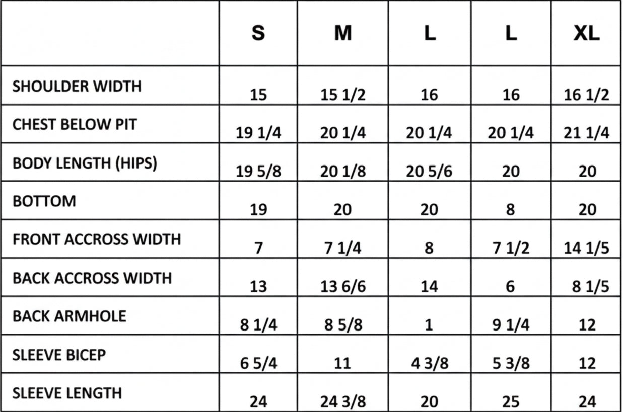 Size chart for clothing measurements in centimeters