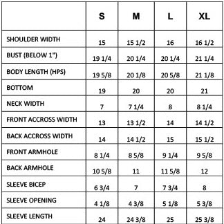 Size chart for clothing measurements in centimeters