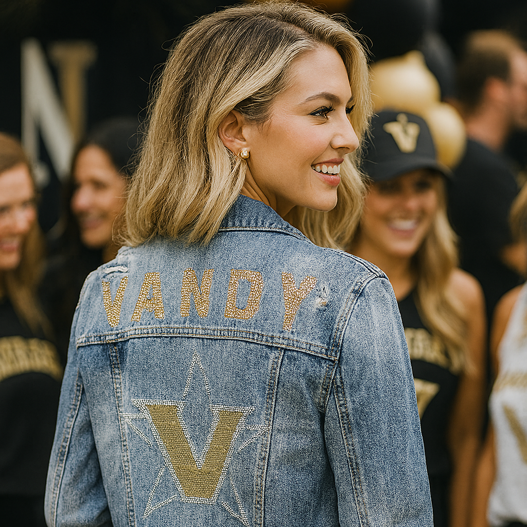 Woman wearing a denim jacket with &