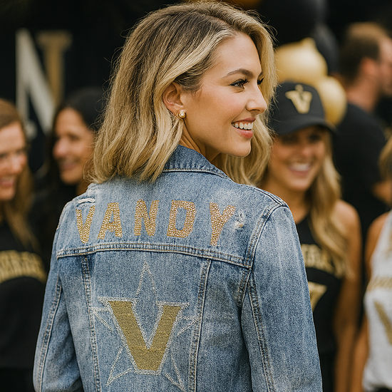 Woman wearing a denim jacket with &