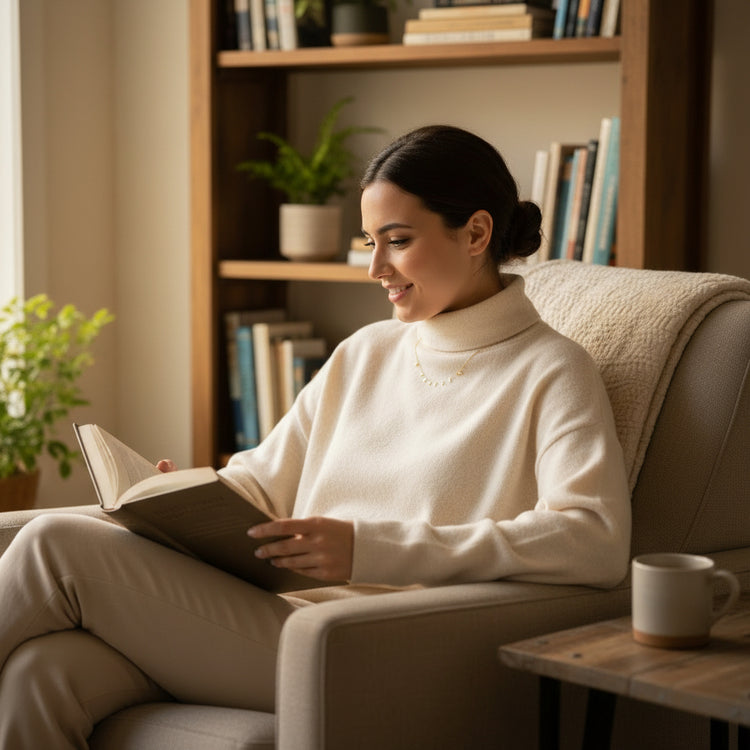Gold necklace with small decorative elements on a beige background