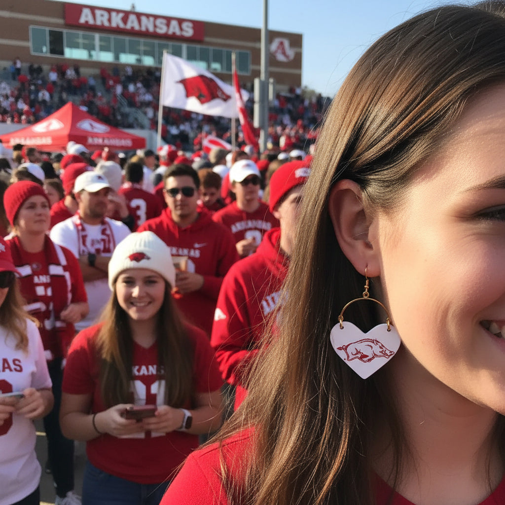 Heart-shaped earrings with a red pig design on a beige background