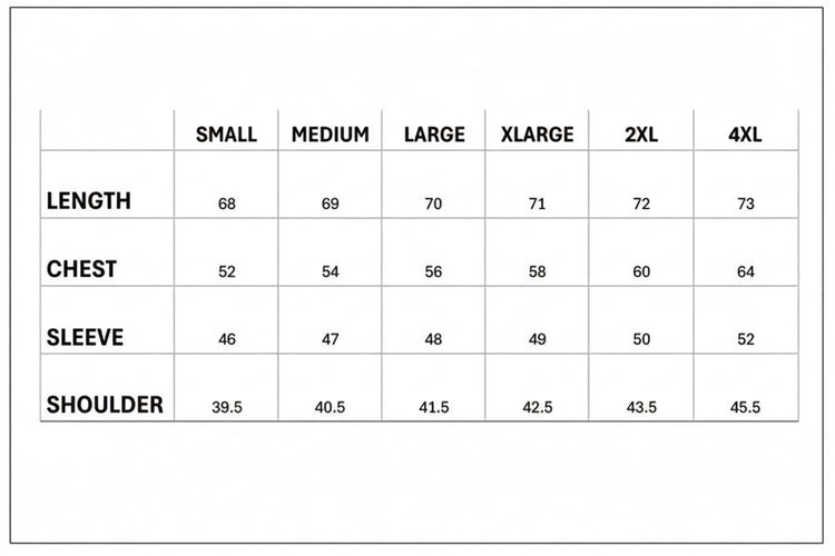 Measurement chart for clothing sizes with columns labeled &