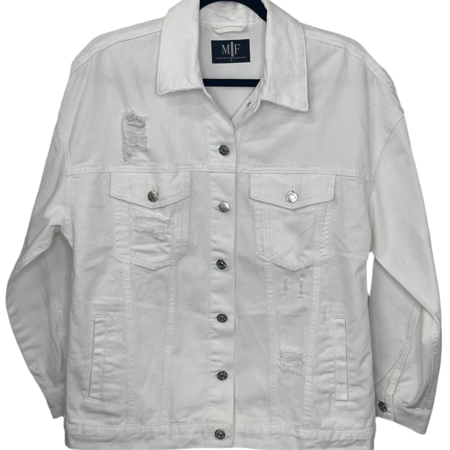 Light gray denim jacket on a hanger with a visible brand label.